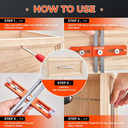 AUXTUR Cabinet Hardware Jig, Adjustable Cabinet Handle Template Tool with Alignment Hole, Punch Locator Drill Guide for Knobs,Handles and Pulls, - WoodArtSupply