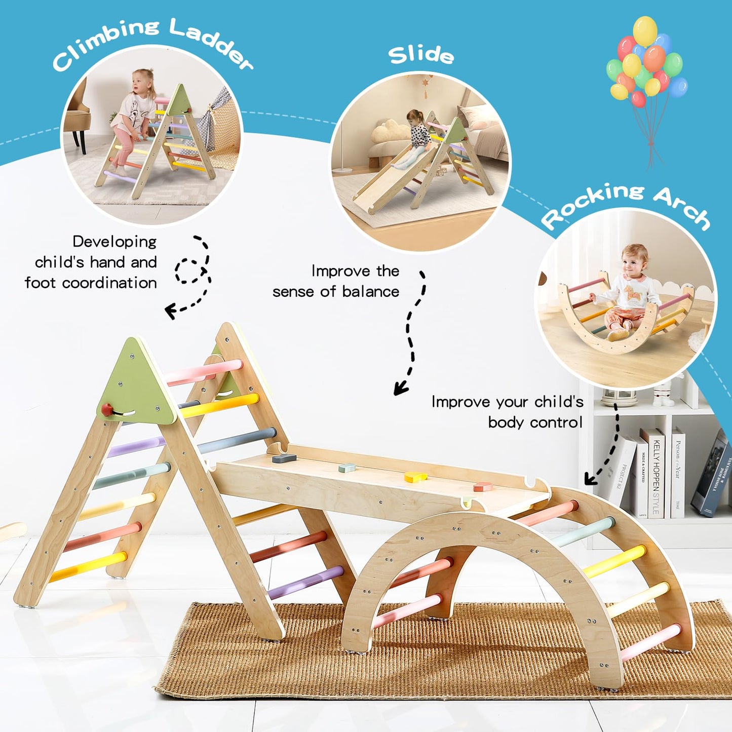 AmazingJoy Pikler Triangle Set Climber 3 Piece Climbing Gym 5 in 1,Climbing Toys for Toddlers 1-3 Inside Wooden Montessori Climbing Set,Baby Climbing