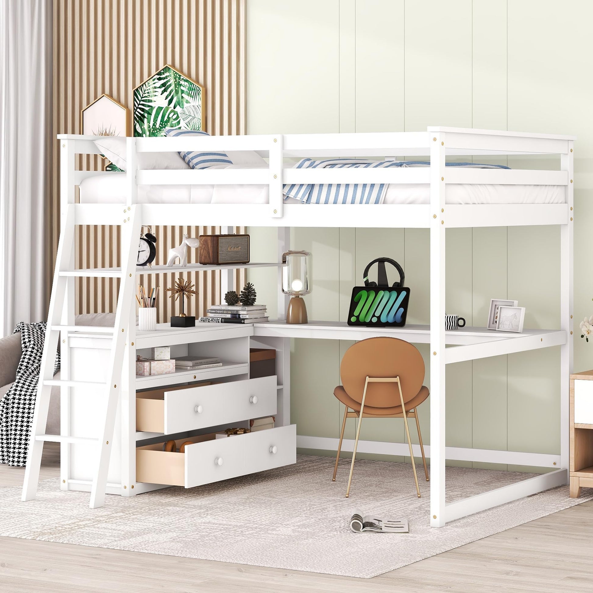 Harper & Bright Designs White Full Size Loft Bed with Desk, Shelves and Storage Drawers - WoodArtSupply