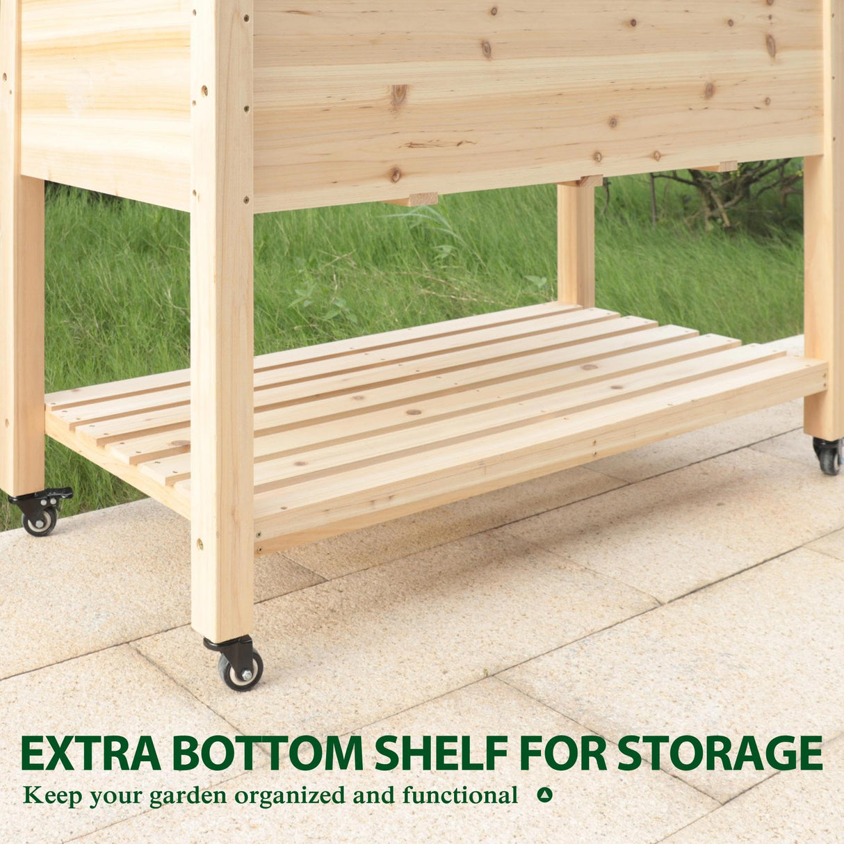 Yardenaler Raised Garden Bed with Legs, Outdoor Elevated Wood Planted Box with Wheels & Shelf for Vegetable Flower, Backyard and Patio, Natural Yardenaler