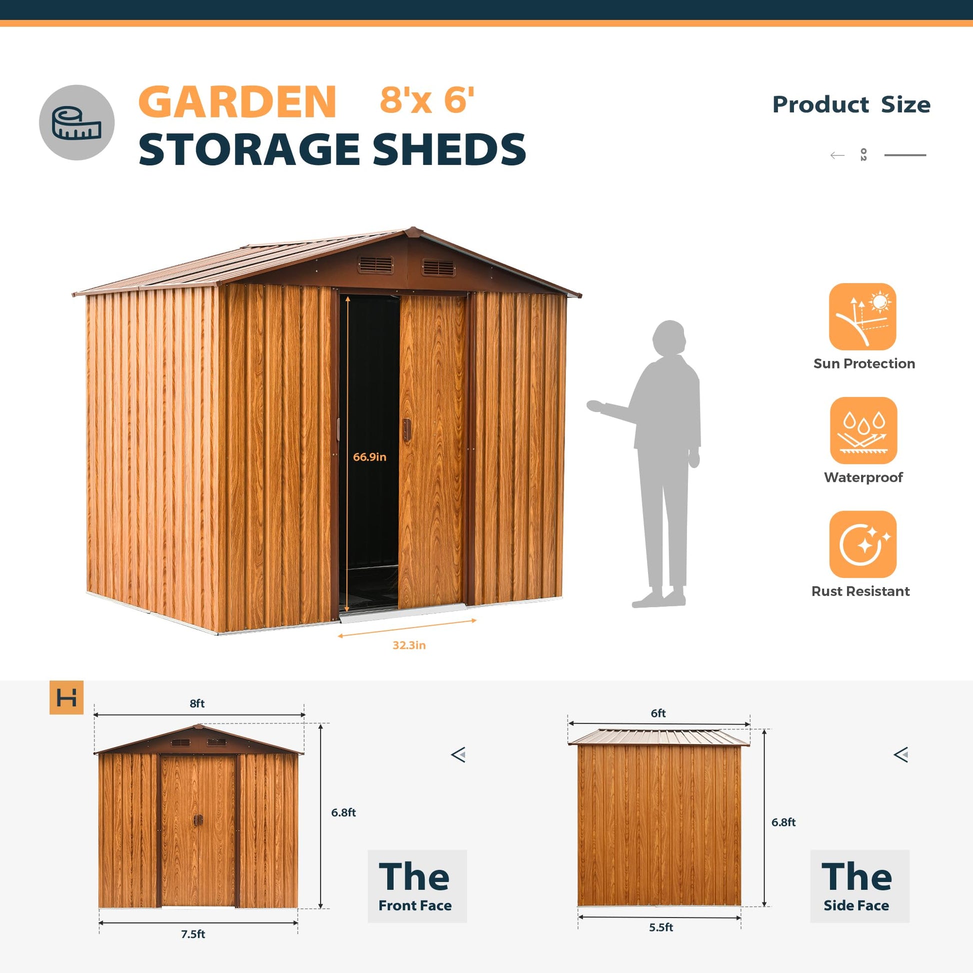 HAPPATIO Storage Shed 8x6', Outdoor Shed Woodgrain-Look Galvanized Metal Shed, Outside Sheds with Double Sliding Doors, Foundation, Outdoor Storage - WoodArtSupply