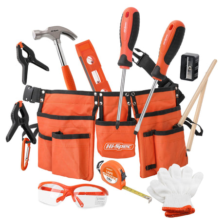 Hi-Spec 16pc Orange Kids Tool Set & Child Size Tool Belt With Real Metal Hand Tools for Building, Woodwork & Construction Learning Hi-Spec