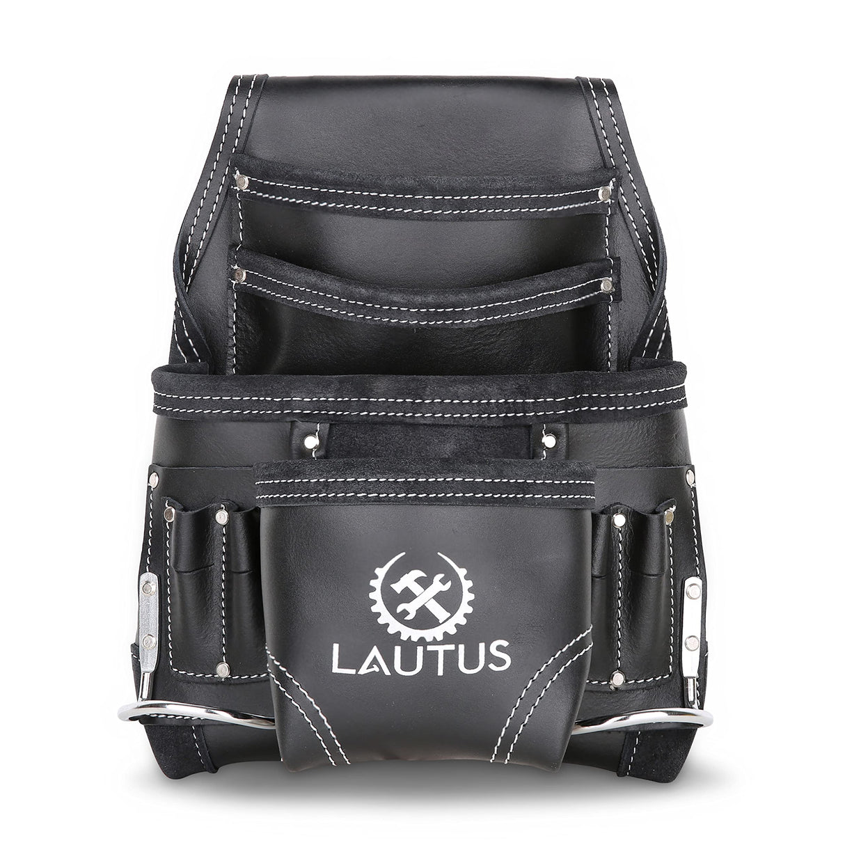 LAUTUS Oil Tanned Leather Tool Pouch Bag | Black | Carpenter, Construction, Framers, Handyman | 10 Pockets, 2 Hammer Holders | 100% Leather LAUTUS