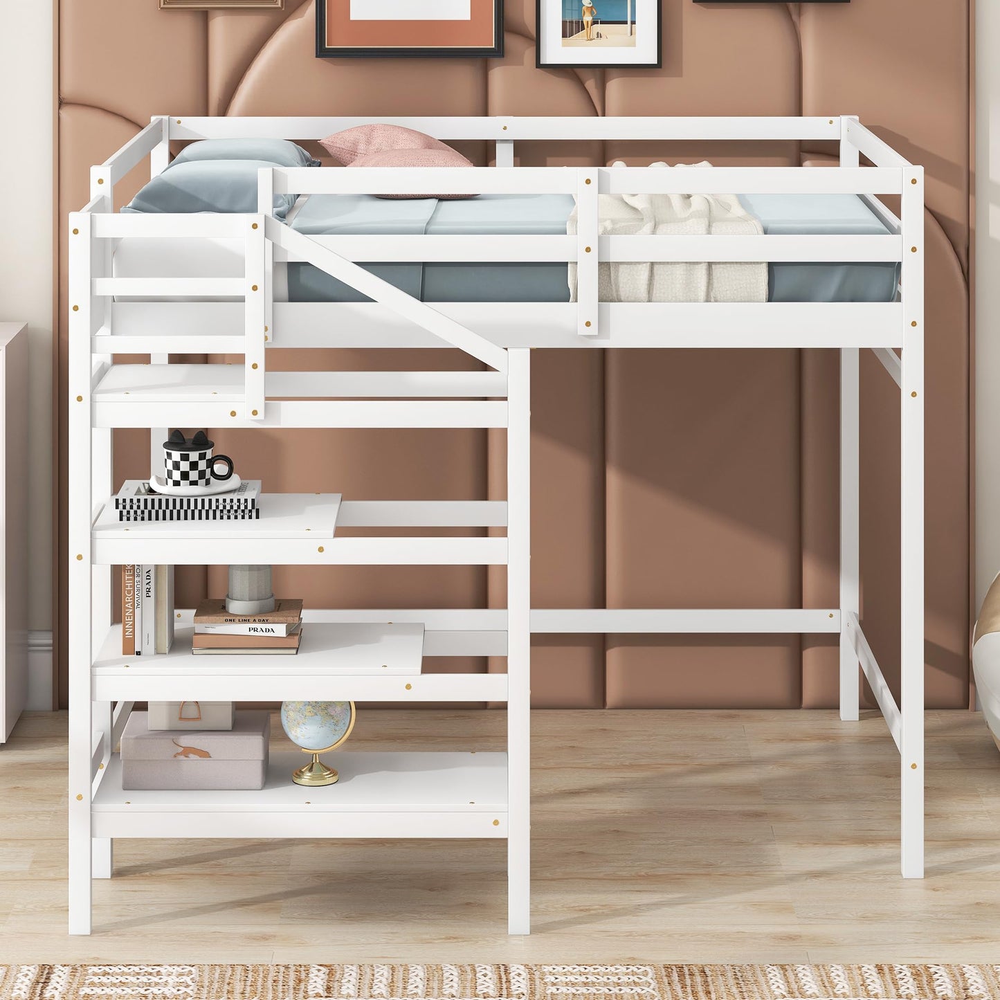 Harper & Bright Designs White Full Size Loft Bed with Stairs, Hanging Rod, and Storage Shelf for Kids - WoodArtSupply