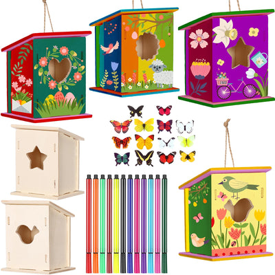 Outus 12 Pcs Wooden Birdhouse Craft Kits to Build, 4 Shapes Wooden Unfinished Bird House with Watercolor Pen and Butterfly Sticker for Boy and Girl