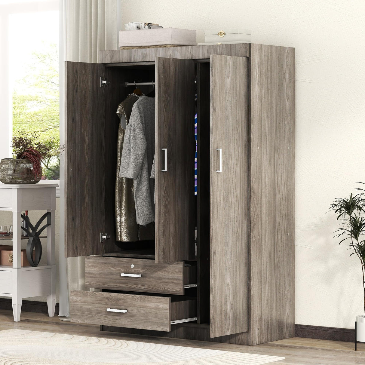 LZ LEISURE ZONE 3 Doors Wardrobe Armoire Closet, Large Freestanding Armoire Wardrobe Cabinet with 2 Drawers, Bedroom Wardrobe Clothes Storage Cabinet LZ LEISURE ZONE