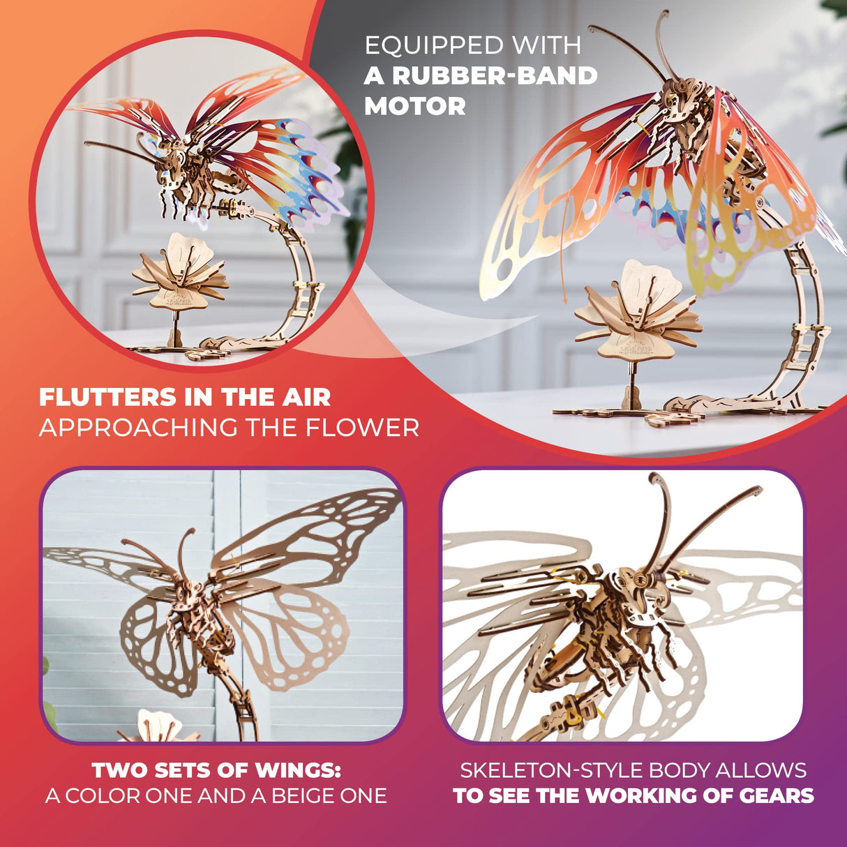 Ugears Butterfly 3D Mechanical Model Self-Assembling Wooden Miniature DIY Set Wooden Box Brainteaser UGEARS