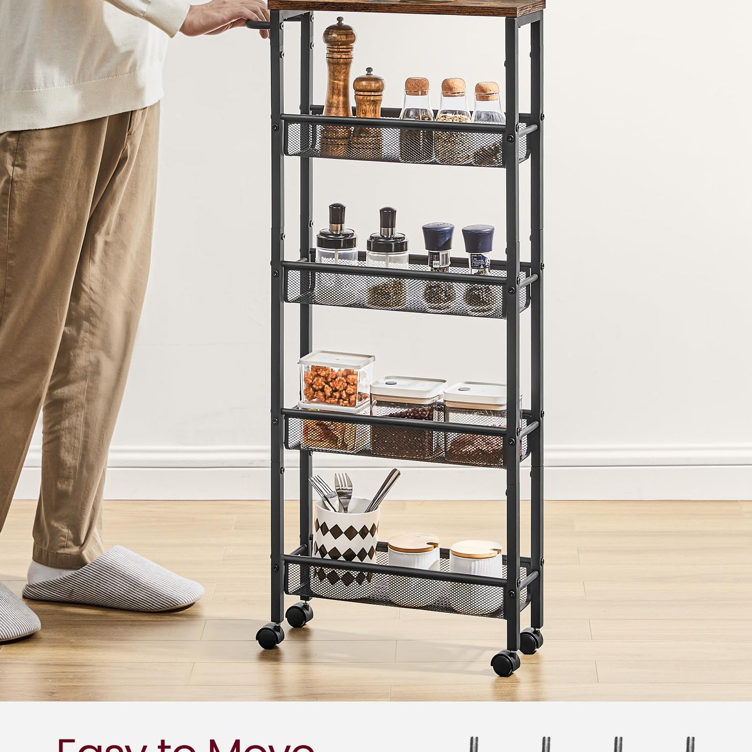 VASAGLE Slim Rolling Cart, 5-Tier Storage Cart, Narrow Cart with Handle, 5.1 Inches Deep, Metal Frame, for Kitchen, Dining Room, Living Room, Home VASAGLE