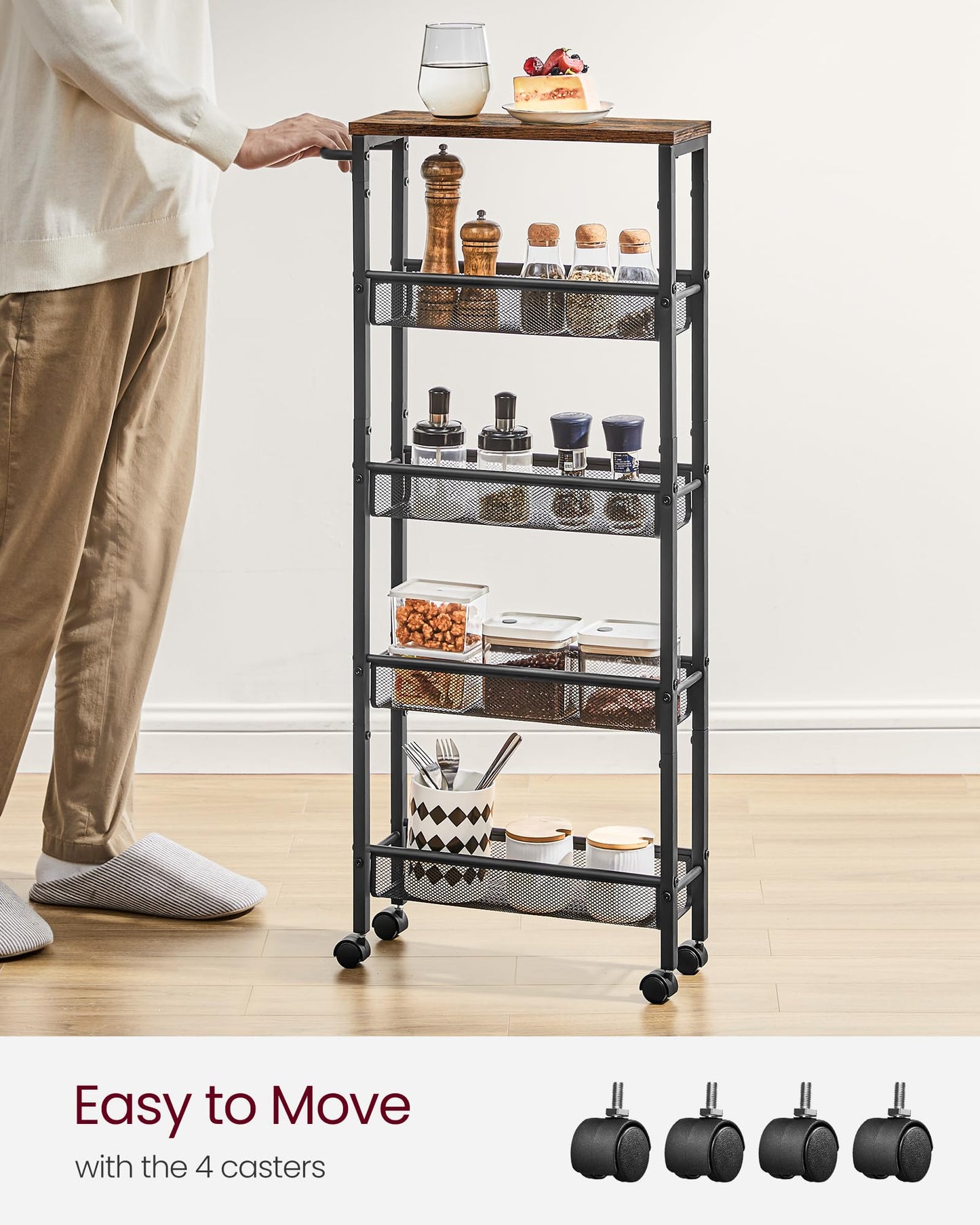 VASAGLE Slim Rolling Cart, 5-Tier Storage Cart, Narrow Cart with Handle, 5.1 Inches Deep, Metal Frame, for Kitchen, Dining Room, Living Room, Home - WoodArtSupply