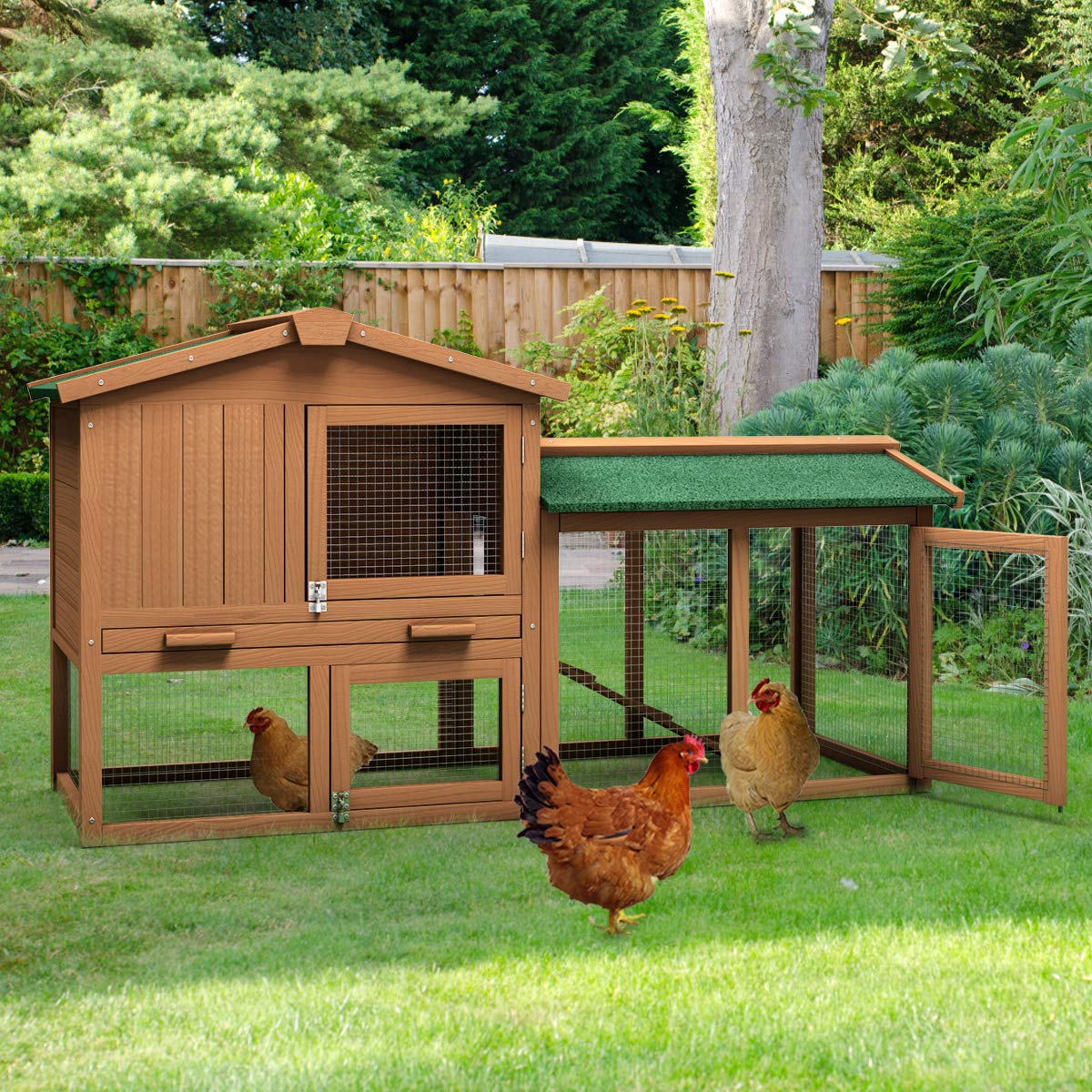 Tangkula Large Chicken Coop, 58‘’ Wooden Hen House Outdoor Backyard Garden Bunny Rabbit Hutch with Ventilation Door, Removable Tray & Ramp Chicken - WoodArtSupply