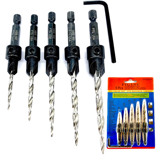 FTG USA Countersink Drill Bit Set 5 Pc #4#6#8#10#12 Tapered Drill Bit for Woodworking - WoodArtSupply