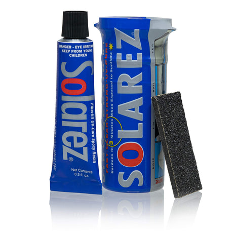 SOLAREZ UV Cure Epoxy Ding Repair Weenie Travel Kit (0.5 oz Tube) - SUP/Surfboard Repair - Fast Solar Cure Clear Resin w 60/240 Grit Sand Block w SOLAREZ
