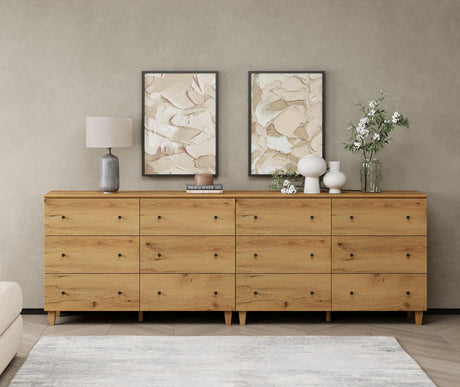 WAMPAT 12 Drawers Dresser Chest for Bedroom, 2-in-1 Modern Wood Closet Storage Organizer Furniture with Gold Knobs & Solid Legs for Kids Room, WAMPAT