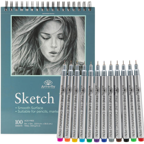 12 Archival Ink Fine Tip Colored Inking Pens + 100 Sheets of Spiral-bound Microperforated Smooth Paper Art-n-Fly
