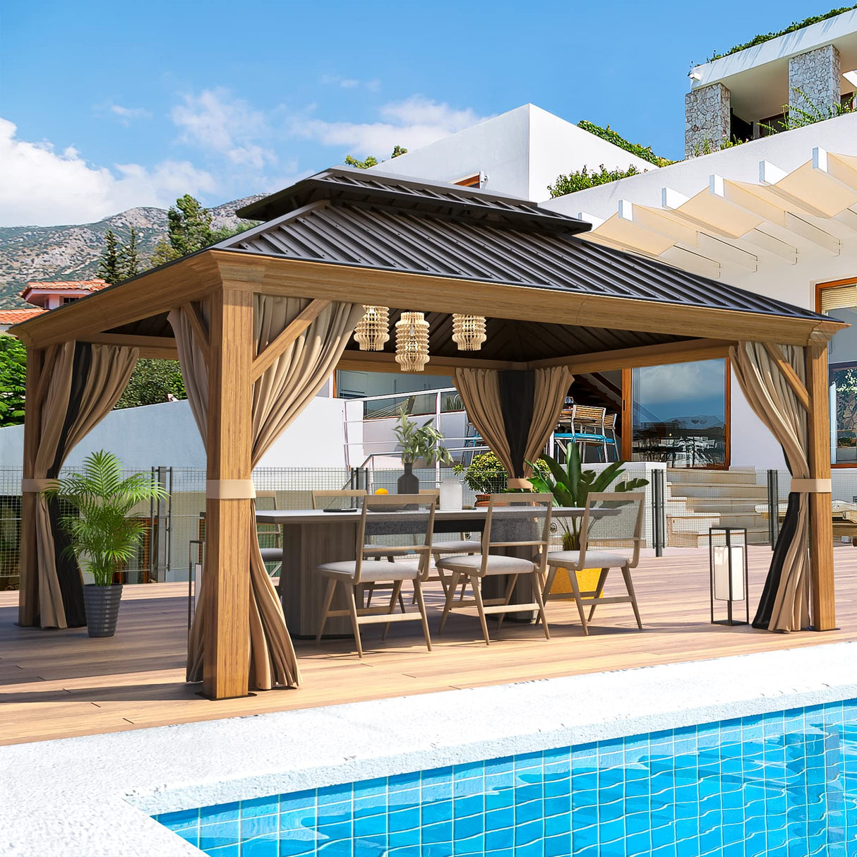 EROMMY 12' x 14' Gazebo, Wooden Finish Coated Aluminum Frame Canopy with Double Galvanized Steel Hardtop Roof, Outdoor Permanent Metal Pavilion with EROMMY