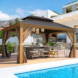 EROMMY 12' x 14' Gazebo, Wooden Finish Coated Aluminum Frame Canopy with Double Galvanized Steel Hardtop Roof, Outdoor Permanent Metal Pavilion with EROMMY