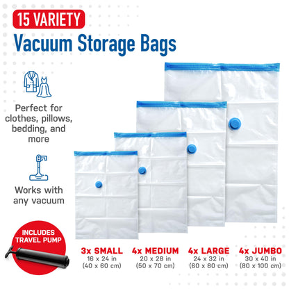 Variety 15 Pack Spacesaver Vacuum Bags Storage - Save 80% Clothes Storage Space - Vacuum Sealer Bags for Comforters, Blankets, Bedding, Clothing -