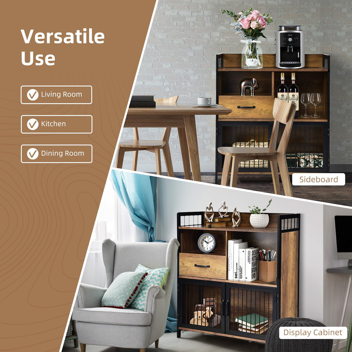 LOKO Buffet Cabinet with Storage, Rustic Kitchen Sideboard Storage Cabinet with Drawer, Credenza Storage Cabinet with Metal Mesh Doors, 31.5 x 14 x LOKO