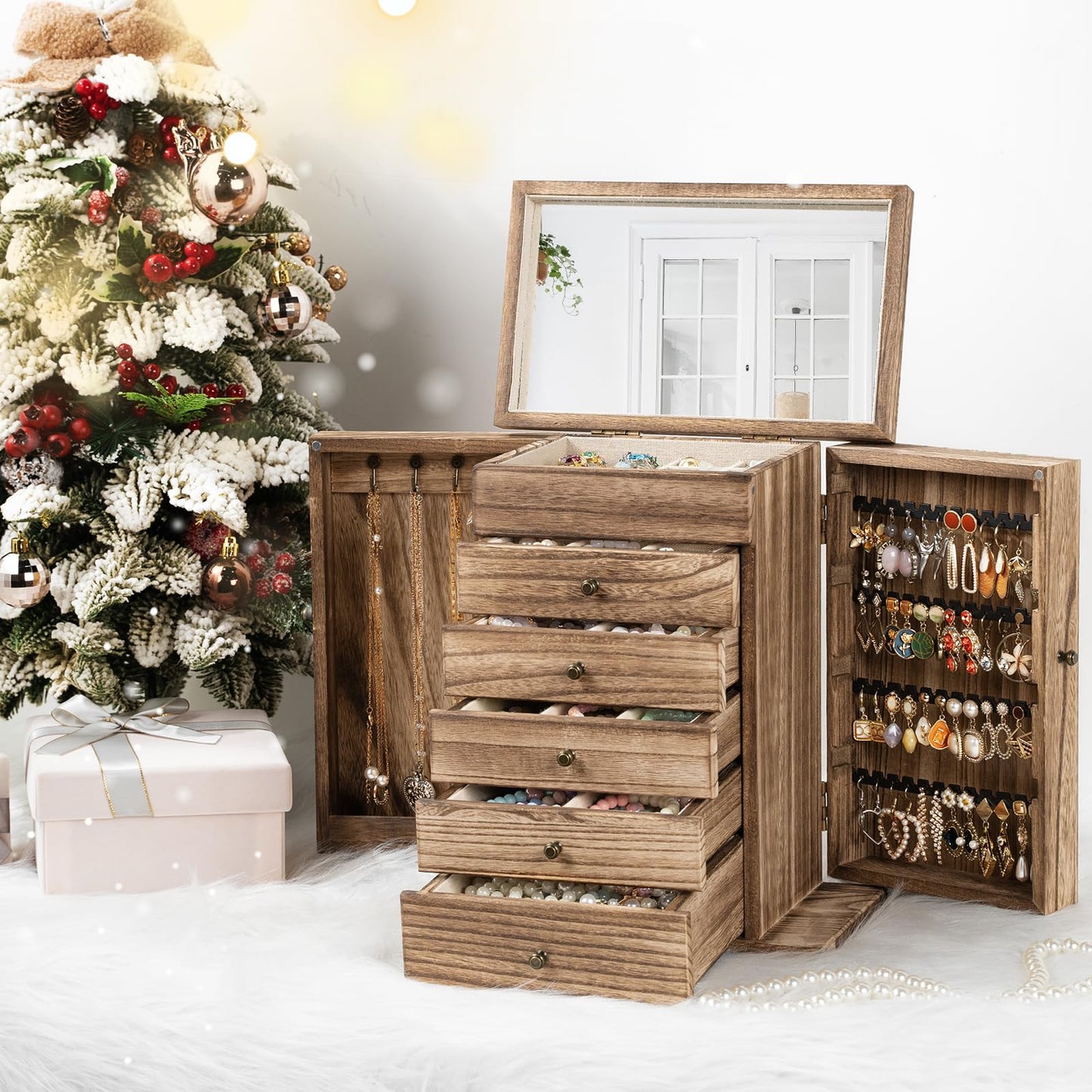 Jewelry Box for Women 6-Tier Large Jewelry Box Wooden Jewelry Boxes Rustic Jewelry Organizer Box with Mirror and Earing Display for Rings Necklaces