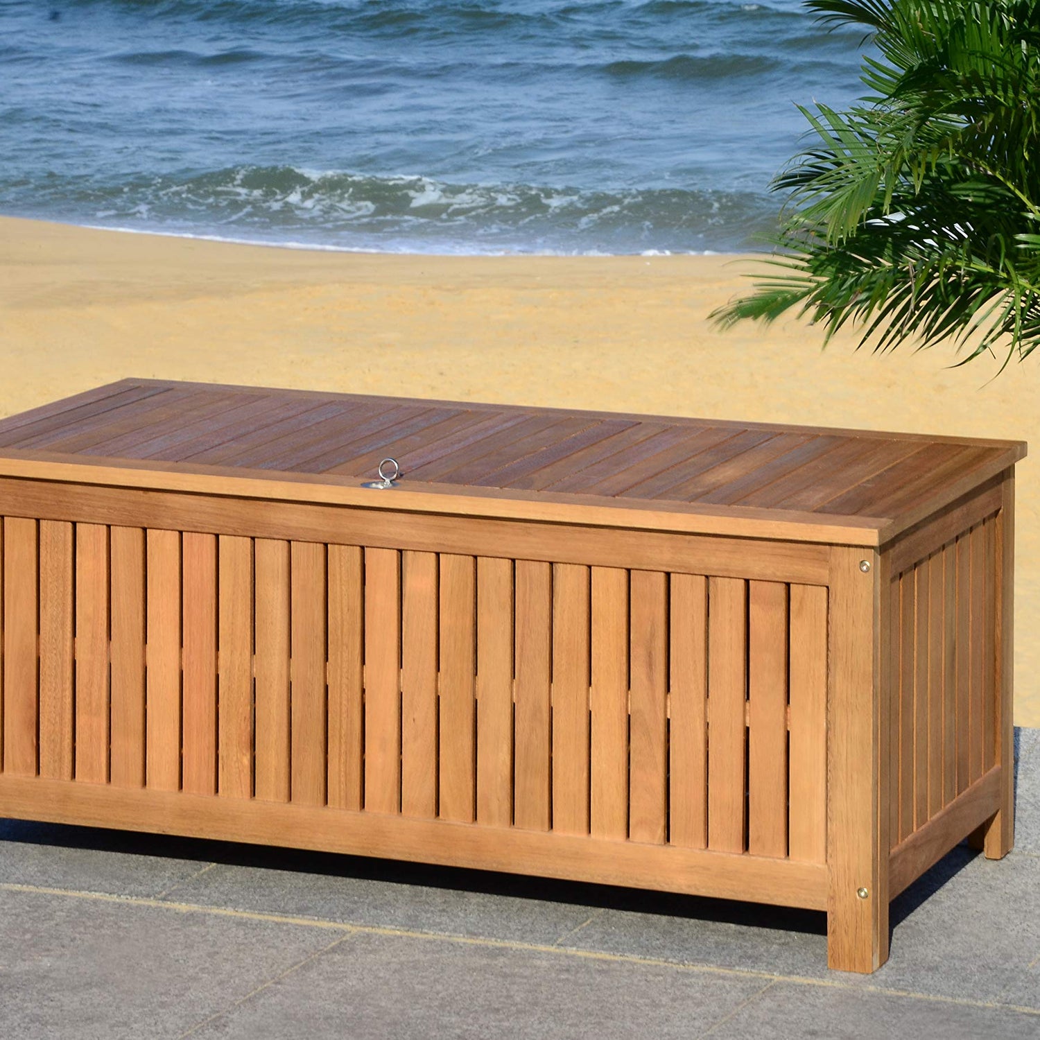 Safavieh PAT7037A Outdoor Collection Abri Teak 47.63" Cushion Deck Box, Natural Safavieh