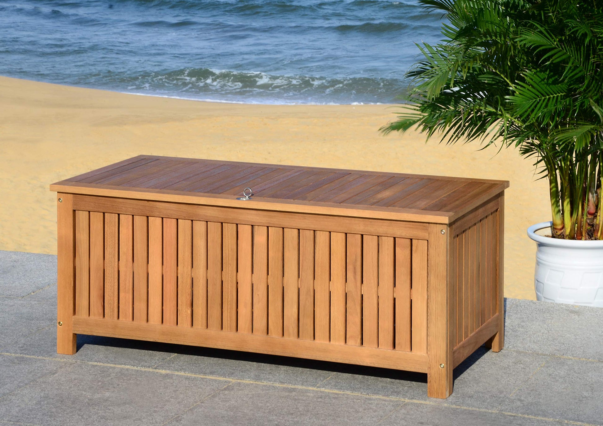 Safavieh PAT7037A Outdoor Collection Abri Teak 47.63" Cushion Deck Box, Natural - WoodArtSupply