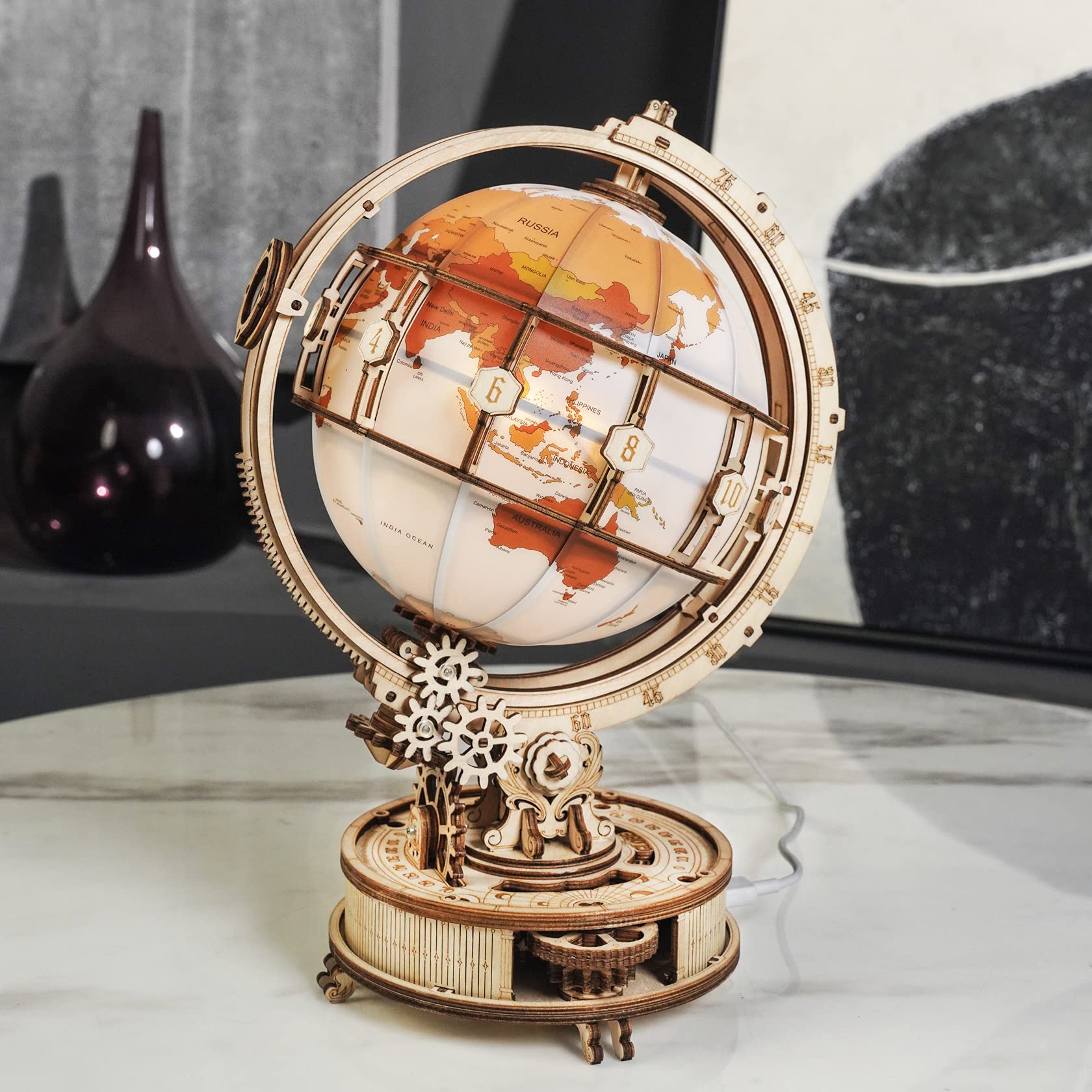 Illuminate Your Space with ROKR 3D Wooden Puzzle Globe Kit - 11.5 Inch Antique-Style with LED, Perfect Hobby Gift for Adults and Teens - WoodArtSupply