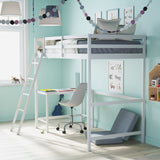 BizChair Twin Size Loft Bed Frame with Built-In Desk & Guard Rails - White BizChair