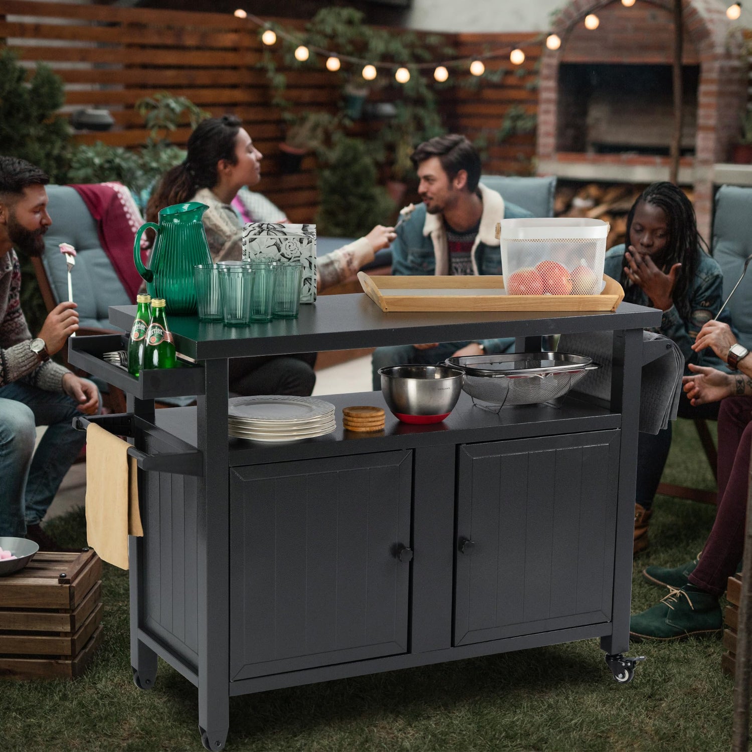 Kozyard BBQ Grill Storage Cart/Bin, Grill Carts Outdoor Storage Cabinet with Wheels, Metal Grill Table Kitchen Dining Table Cooking Prep BBQ Table Kozyard