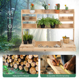 HAPPYGRILL Potting Bench Table, 60.5” Wood Workstation Workbench Table with Flip-Up Tabletop, Shelves & Hanging Hooks, Outdoor Flowerpot Bench, HAPPYGRILL