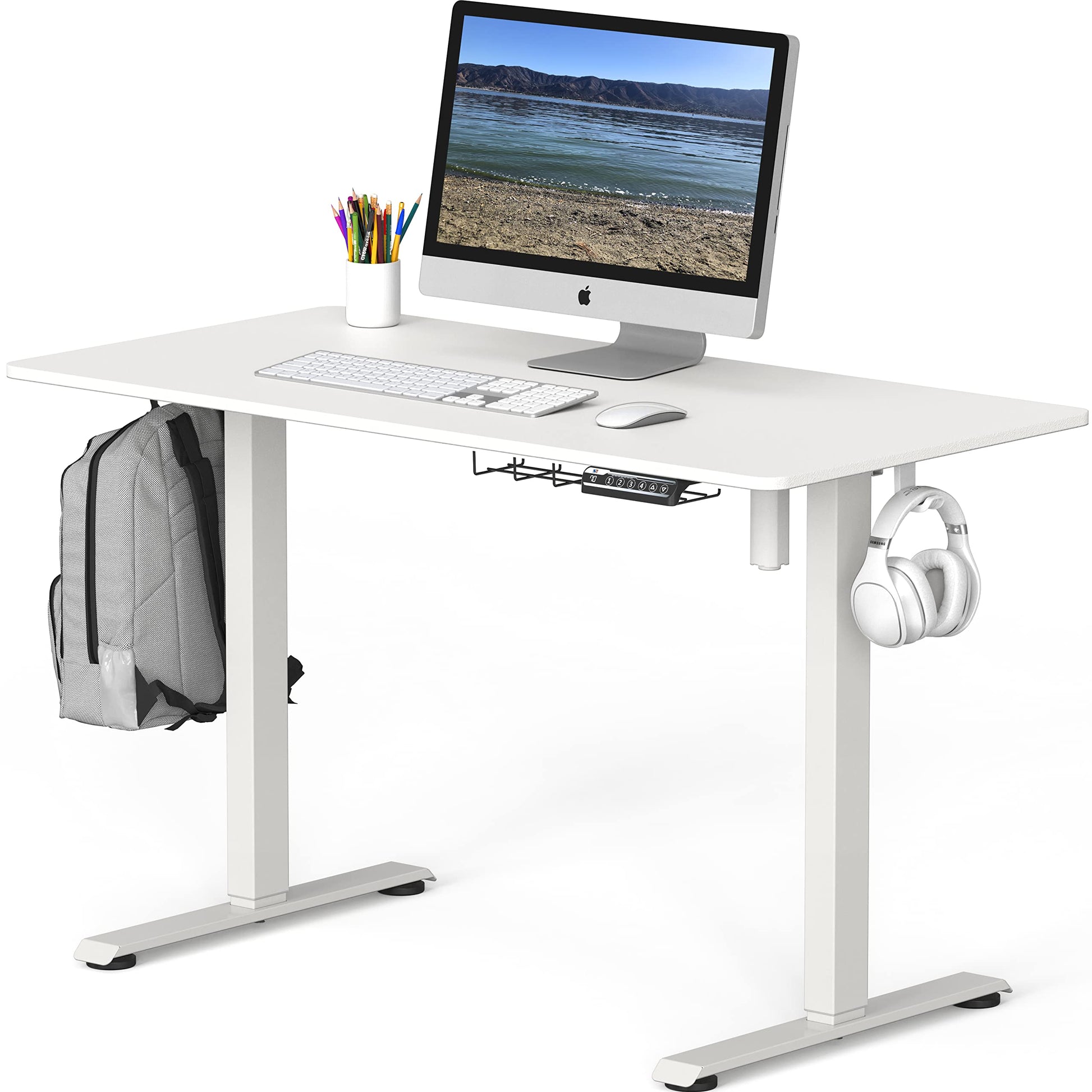 SHW Electric Height Adjustable Sit Stand Desk with Hanging Hooks and Cable Management, 48 x 24 Inches, White Frame and White Top - WoodArtSupply