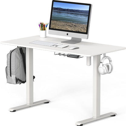 SHW Electric Height Adjustable Sit Stand Desk with Hanging Hooks and Cable Management, 48 x 24 Inches, White Frame and White Top - WoodArtSupply