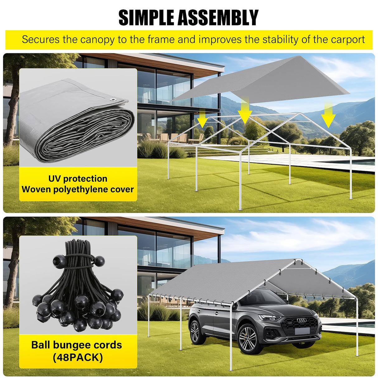 DWALE 10 x 20 Ft Carport,Replacement Canopy Cover Garage Top Tent Shelter Tarp,Grey with 48 Ball Bungee Cords Waterproof & UV Protected (Only Tarp DWALE