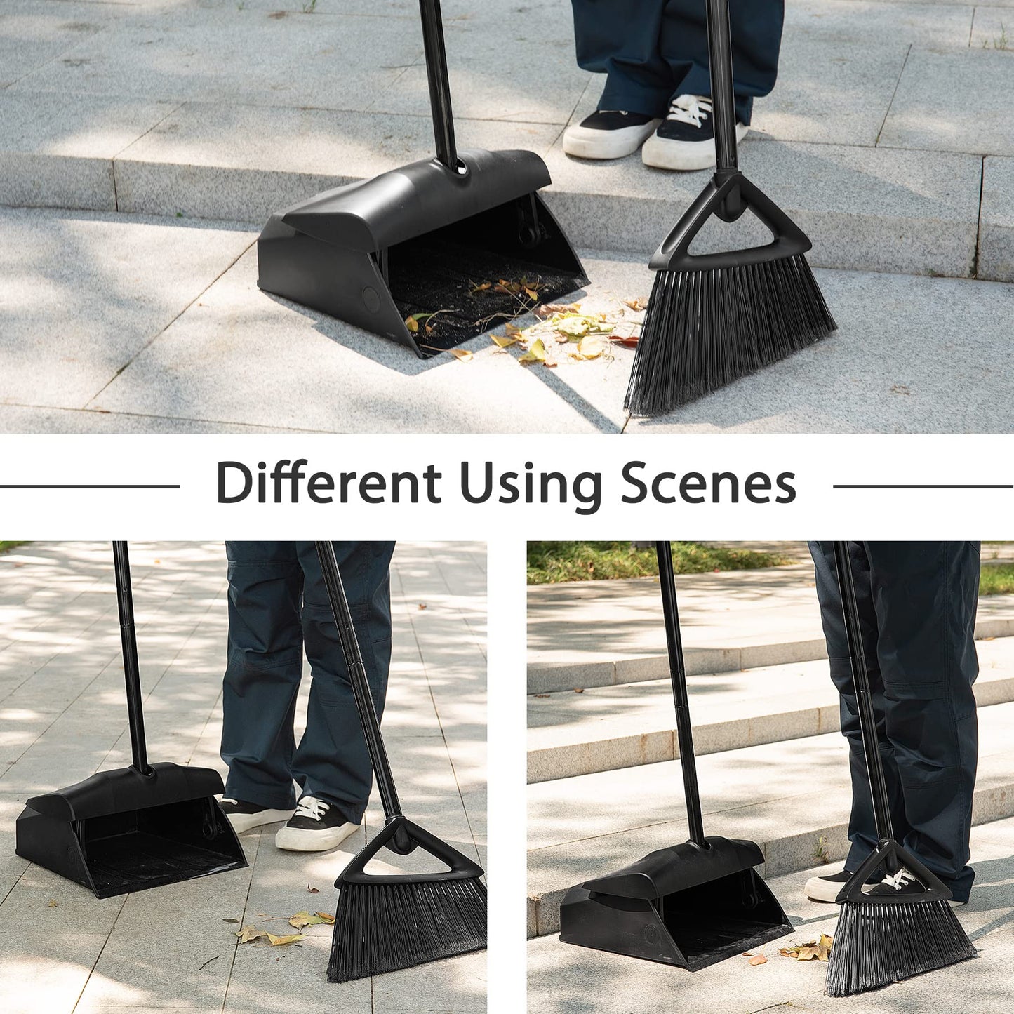 Eyliden Commercial Angle Broom and Dustpan Combo, with Long Handle, Lobby Dust Pan Sweep Set for Outdoor Garages Courtyard Sidewalks Decks Indoor