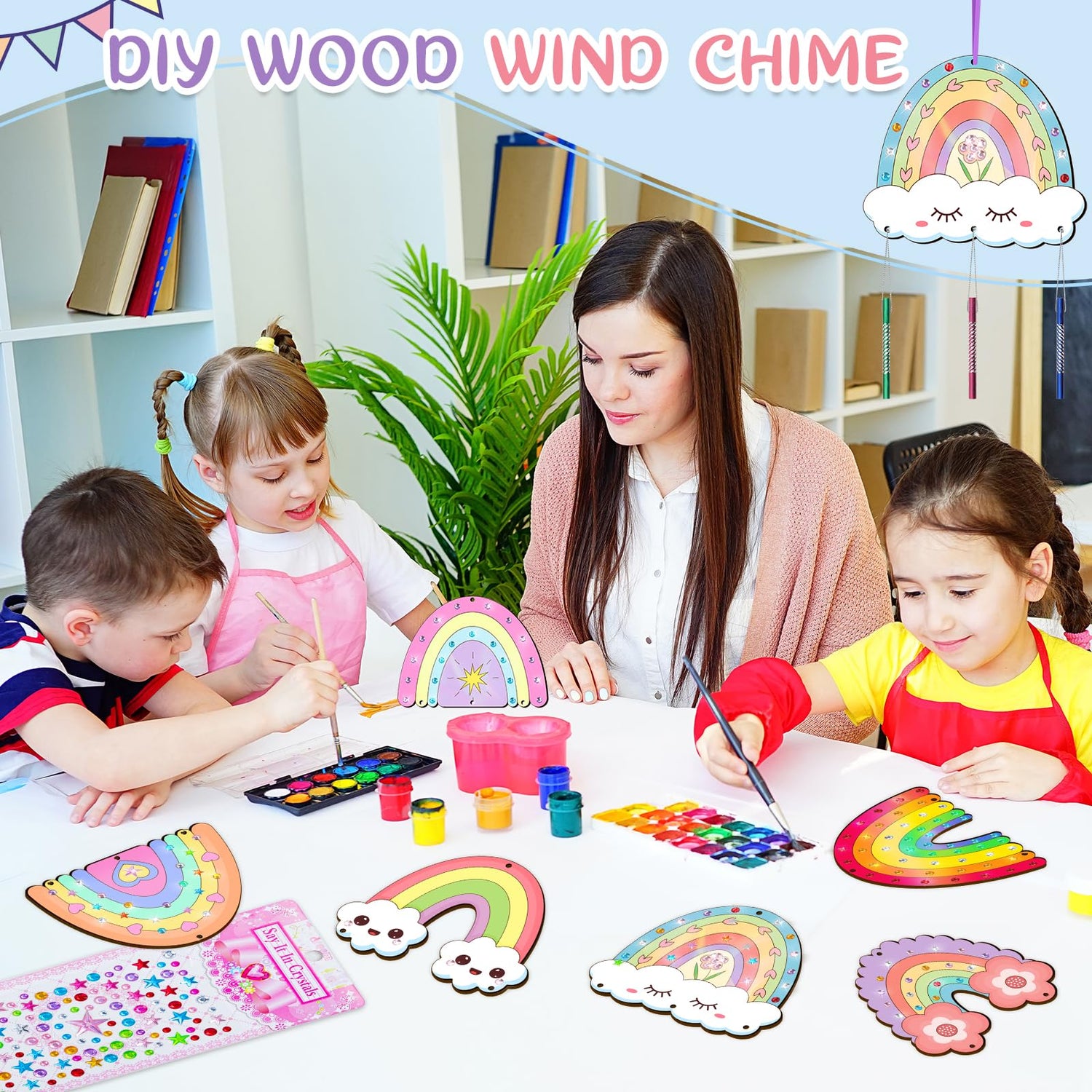12 Pack Wind Chime Crafts for Kids, Make Your Own Boho Rainbow Wind Chime Kit DIY Coloring Wooden Craft Unfinished Rainbow Wood Ornaments for Girls TREACLUB