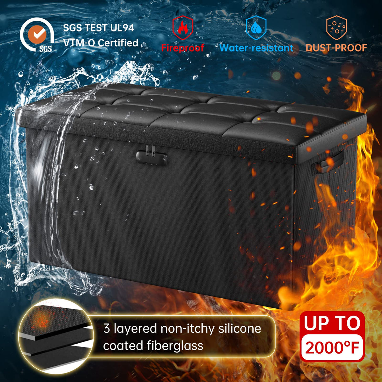 ENGPOW Storage Ottoman Bench,Fireproof Folding Storage Bench with Lock,30 Inches Fire＆Water Resistant Storage Chest Foot Rest Stool Leather Bedroom ENGPOW