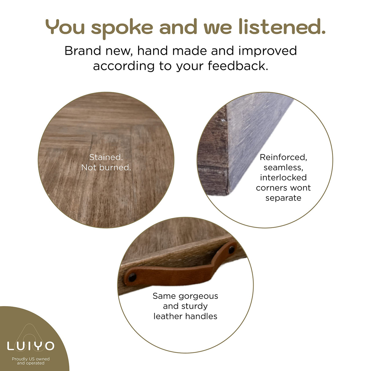 LUIYO Large Ottoman Wood Tray- with Leather Handle Decorative Wooden 24 x 24 x1.5 Inches Square Serving Tray Best for Coffee Table, Living Room and LUIYO