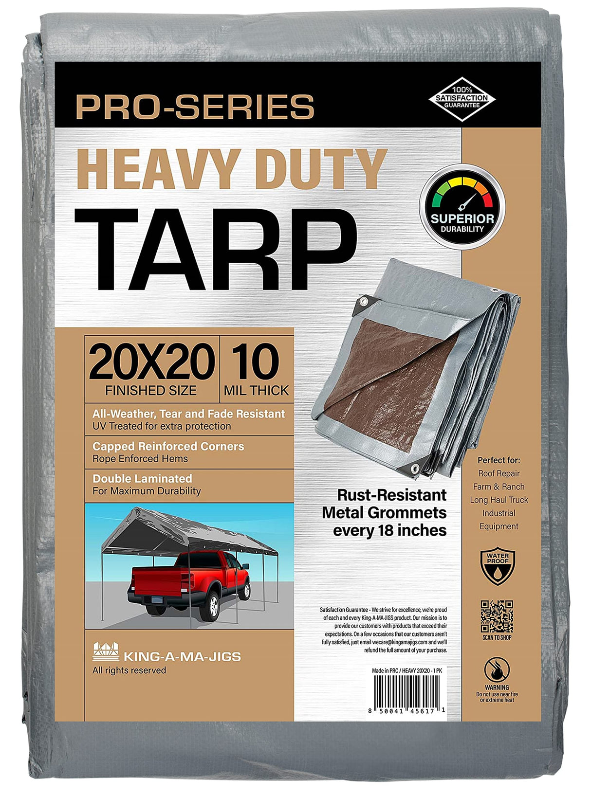 12x20 Heavy Duty Tarp, 10 Mil Thick, Waterproof, Tear & Fade Resistant, High Durability, UV Treated, Grommets Every 18 Inches. (Silver/Brown - KING-A-MA-JIGS