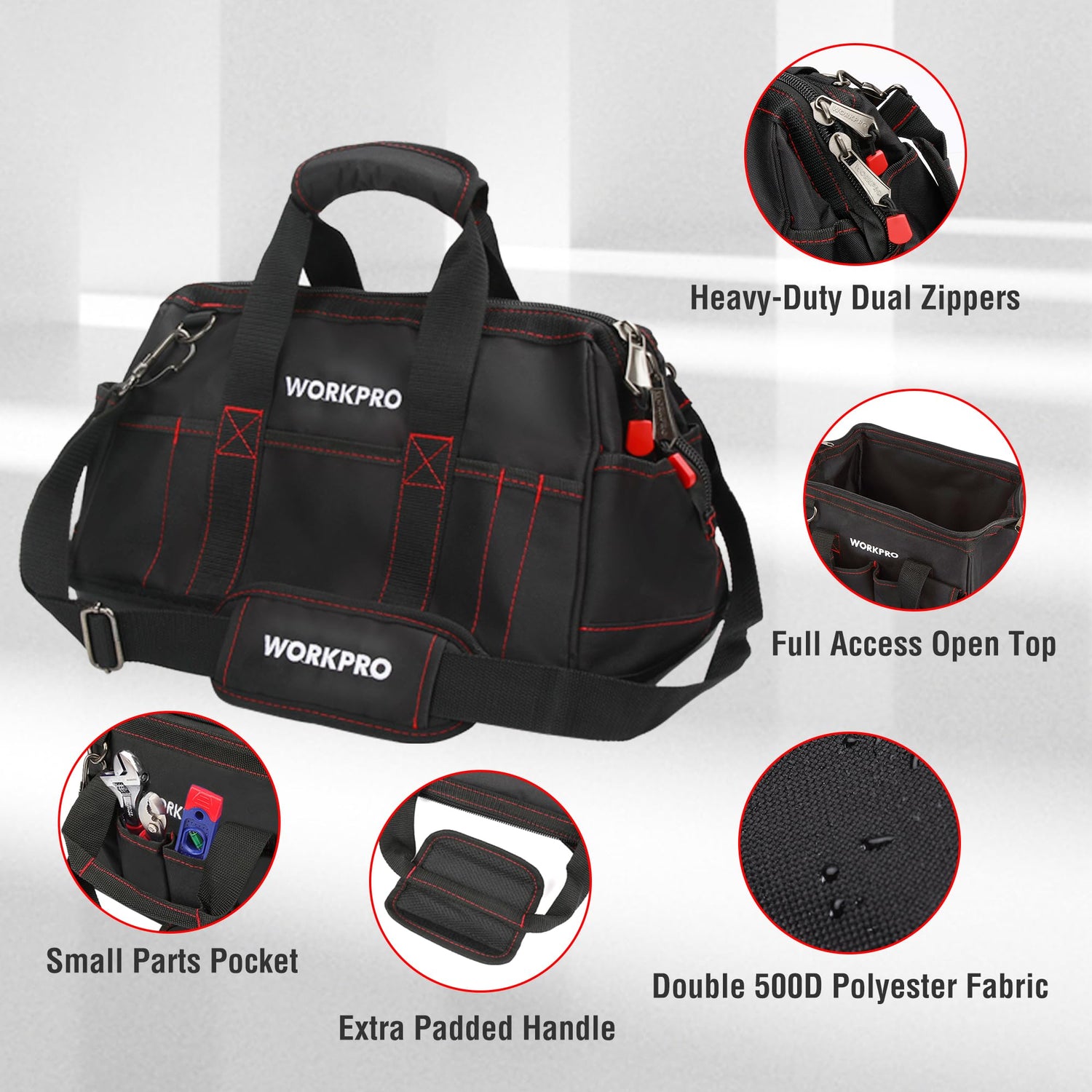 WORKPRO 16-inch Close Top Wide Mouth Tool Storage Bag with Water Proof Rubber Base, W081022A, 16" WORKPRO