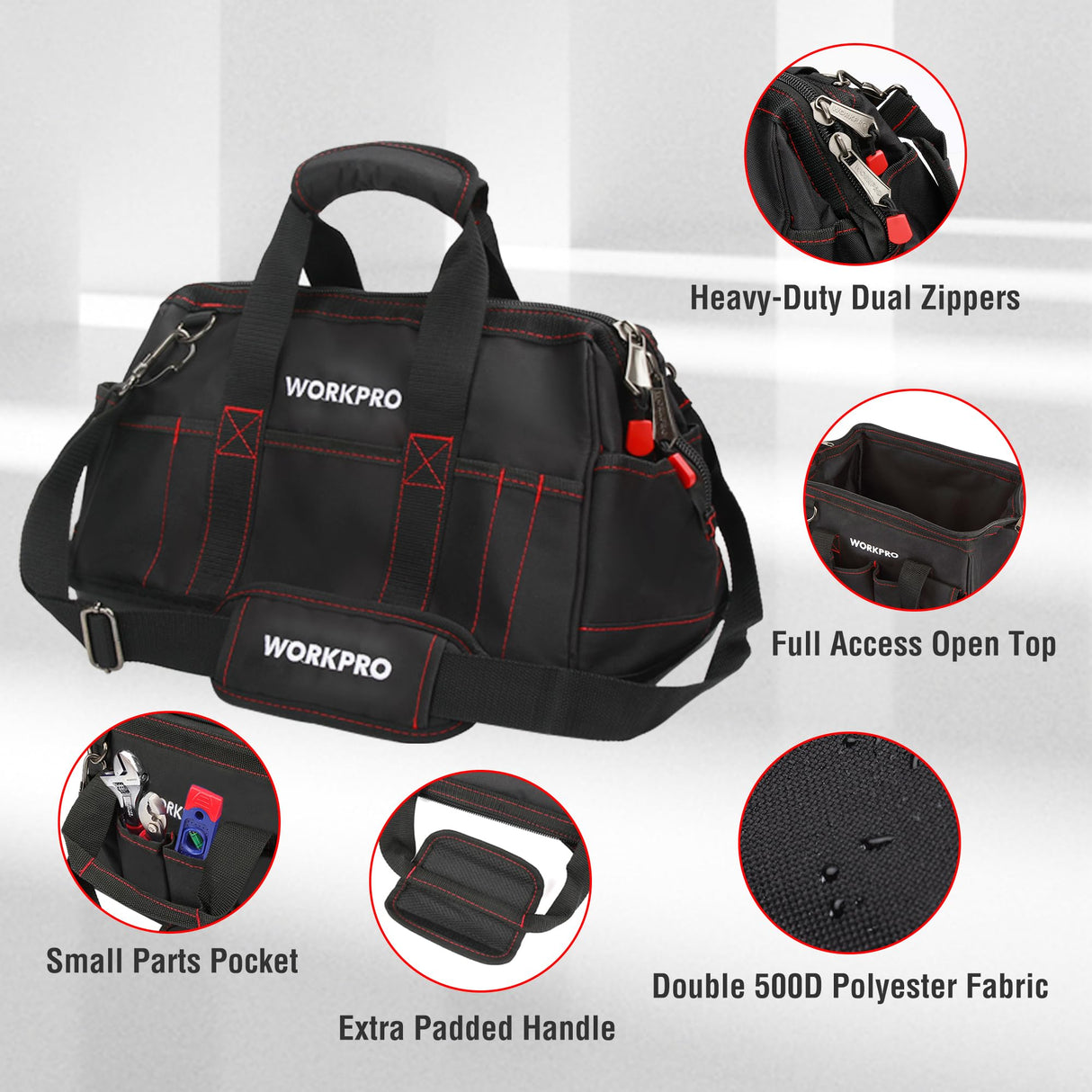 WORKPRO 16-inch Close Top Wide Mouth Tool Storage Bag with Water Proof Rubber Base, W081022A, 16" WORKPRO