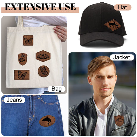 Giegxin 120 Pieces Rustic Leatherette Hat Patches with 8 Types of Shape Laser Engraving Blanks Patch Adhesive for Fabric Faux Leather Patch Repair Giegxin
