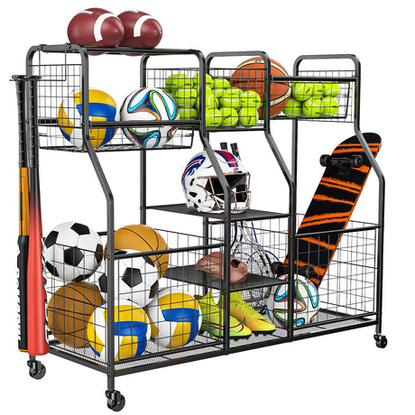 Garage Sports Equipment Organizer, Ball Storage Rack, Garage Organizer System, Indoor/Outdoor Sports Rack, Rolling Sports Ball Storage Cart with LUMAMU