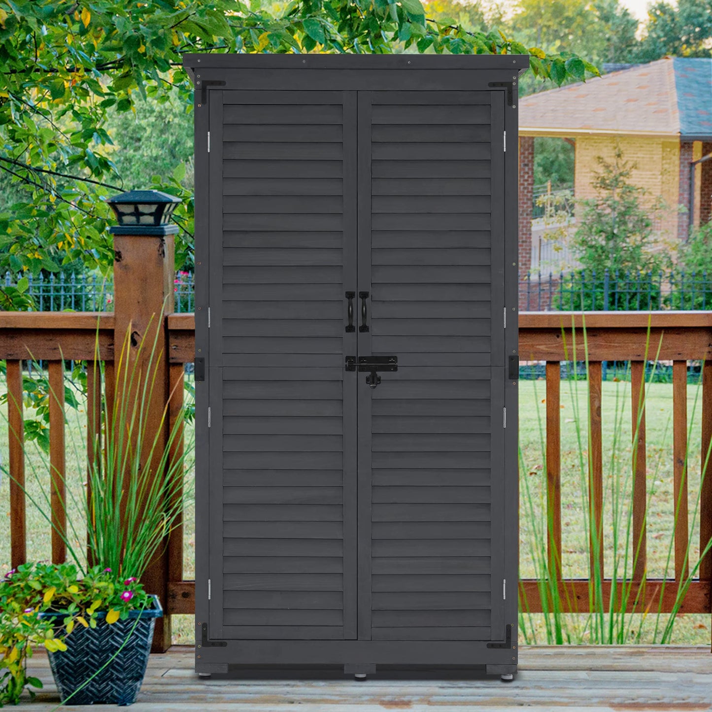 MCombo Outdoor Storage Cabinet, Garden Storage Shed, Outside Vertical Shed with Lockers, Outdoor 63 Inches Wood Tall Shed for Yard and Patio 0870 - WoodArtSupply