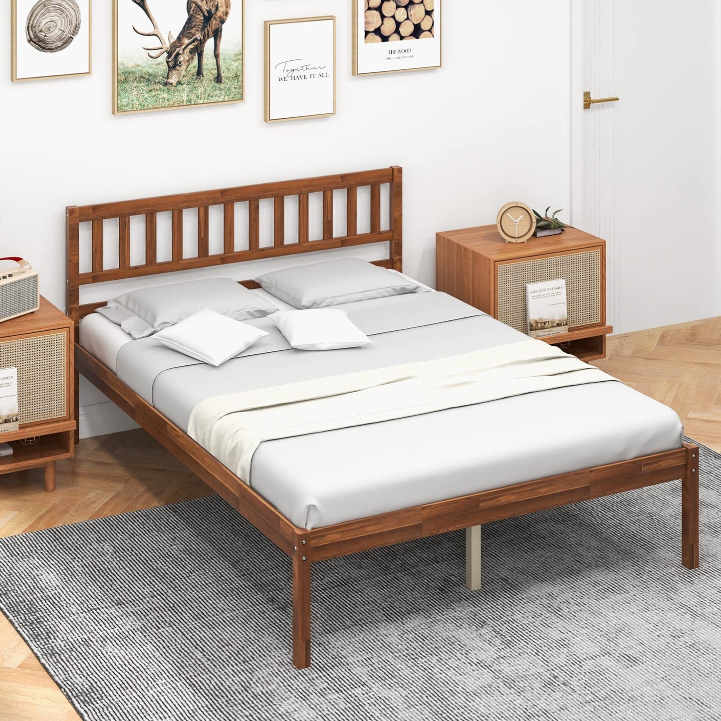 Giantex Wood Full Bed Frame with Headboard, Mid Century Platform Bed with Wood Slat Support, Solid Wood Foundation, 12 Inch Height for Under Bed