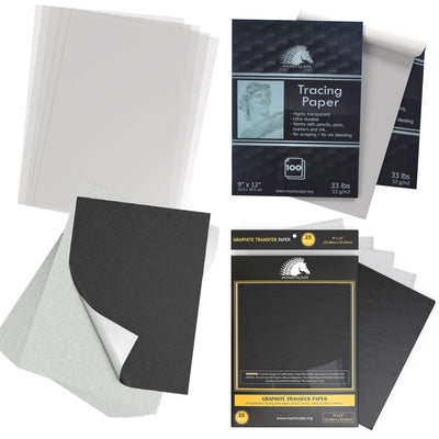 MyArtscape Art Supplies - Artist Quality Graphite Transfer Paper - 9" x 13" - 25 Sheets - Waxed Carbon Paper - with Tracing Paper Pad - 33lb - 9" x