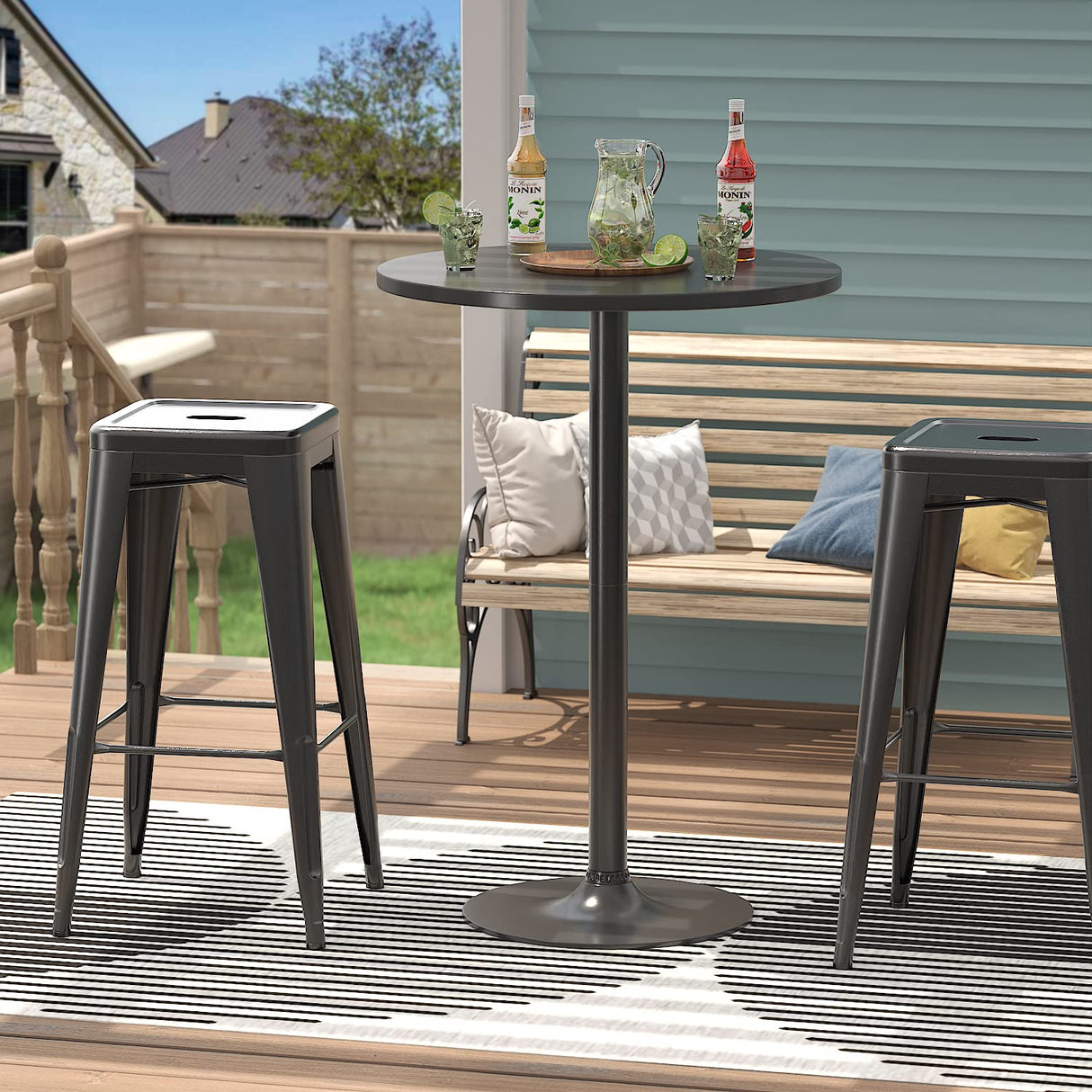 Furmax Bistro Pub Table 2 Pack Round Bar Height Cocktail Table Metal Base MDF Top Obsidian Table with Black Leg 23.8-Inch Top, 39.5-Inch Height Furmax