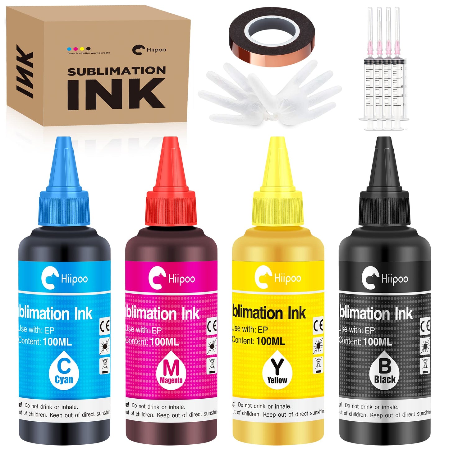 Hiipoo Sublimation Ink Refilled Bottles with Heat Tape Refill for ET2400 XP4105 XP4100 ET2720 ET2760 ET2750 ET4800 ET-2800 ET-2803 ET-2850 Inkjet
