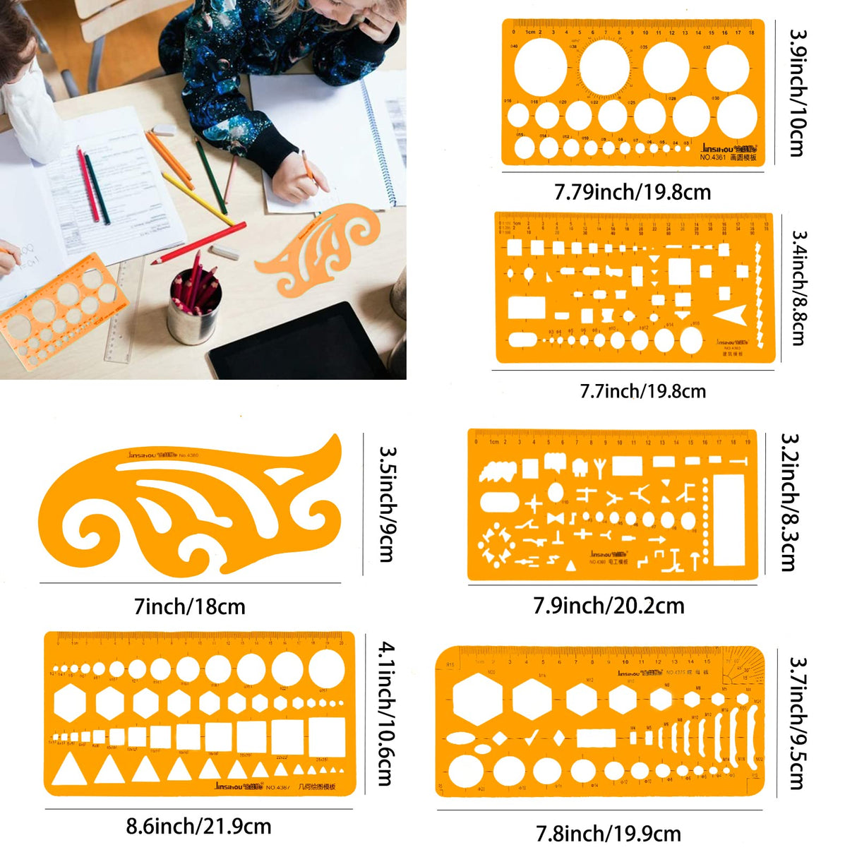 KESAPLAN 9 PCS Geometric Drawings Templates, Drafting Stencils Measuring Tools, Plastic Clear Orange Multi-Function Measuring Rulers with French KesaPlan