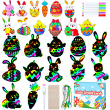 Max Fun Easter Crafts Kit Rainbow Color Scratch Paper Easter Ornaments (48 Counts)-Craft Kit for Kids Easter Basket Stuffers Party Favors Max Fun
