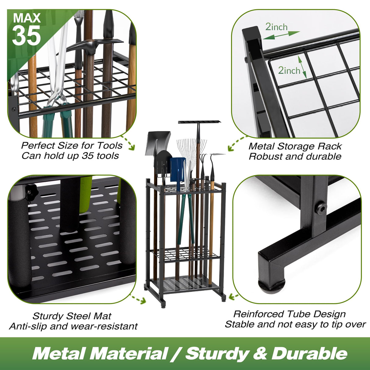 Sttoraboks Garden Tool Organizer, Yard Tool Tower Rack for Garage Organization and Storage, Up to 35 Long-Handled Tools/Rakes/Brooms, Heavy Duty Sttoraboks