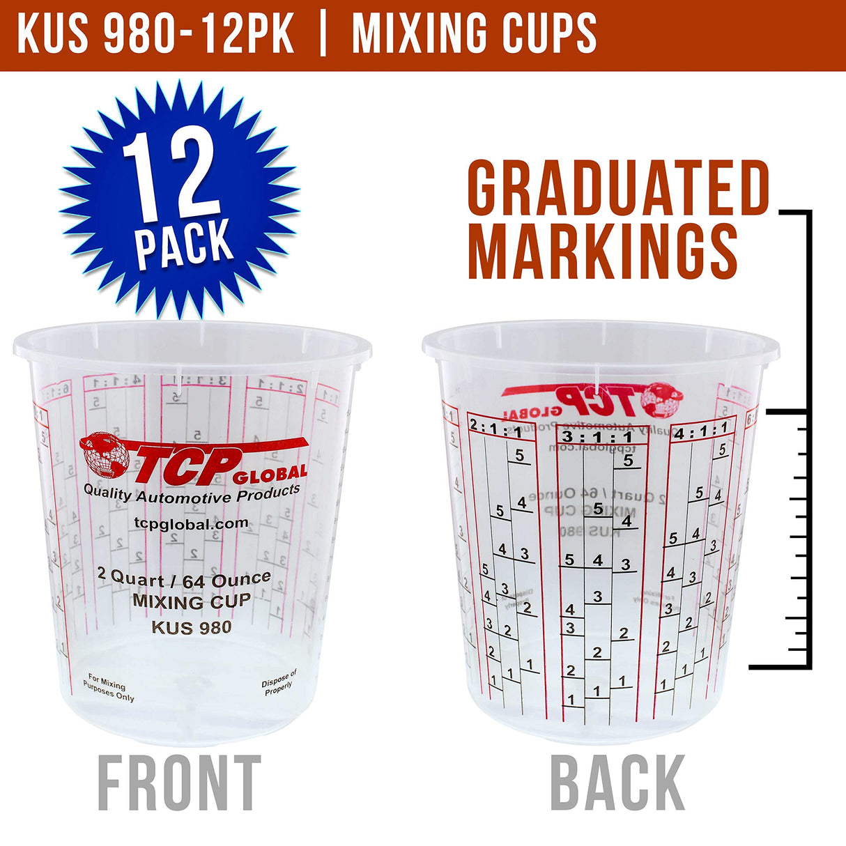 Custom Shop - Pack of 12-64 Ounce Graduated Paint Mixing Cups (2 Quarts) - Cups Have Calibrated Mixing Ratios on Side of Cup - Cups Hold 80-Fluid Custom Shop